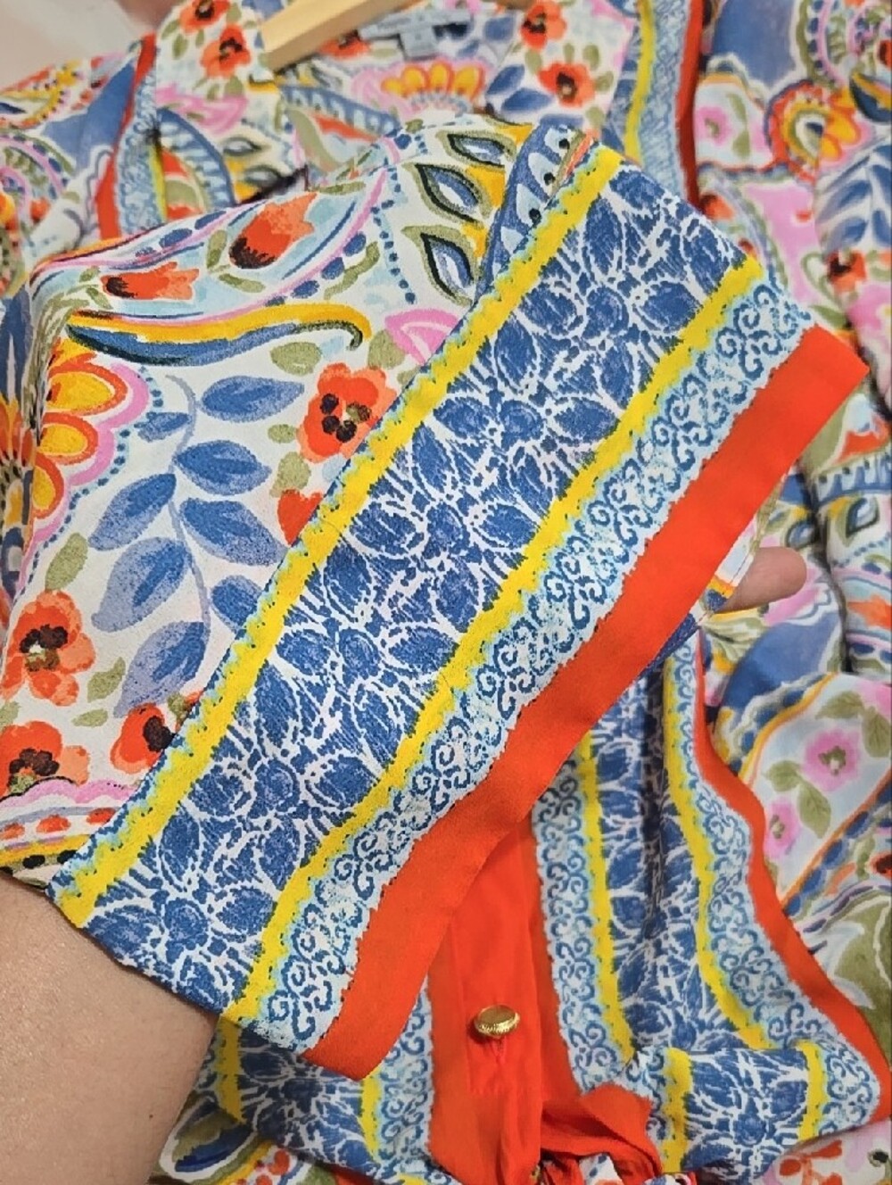 Floral And Ivy Boho Paisley Tie-Front Bell Sleeves Button Shirt - Orange Multi - Picture 12 of 12